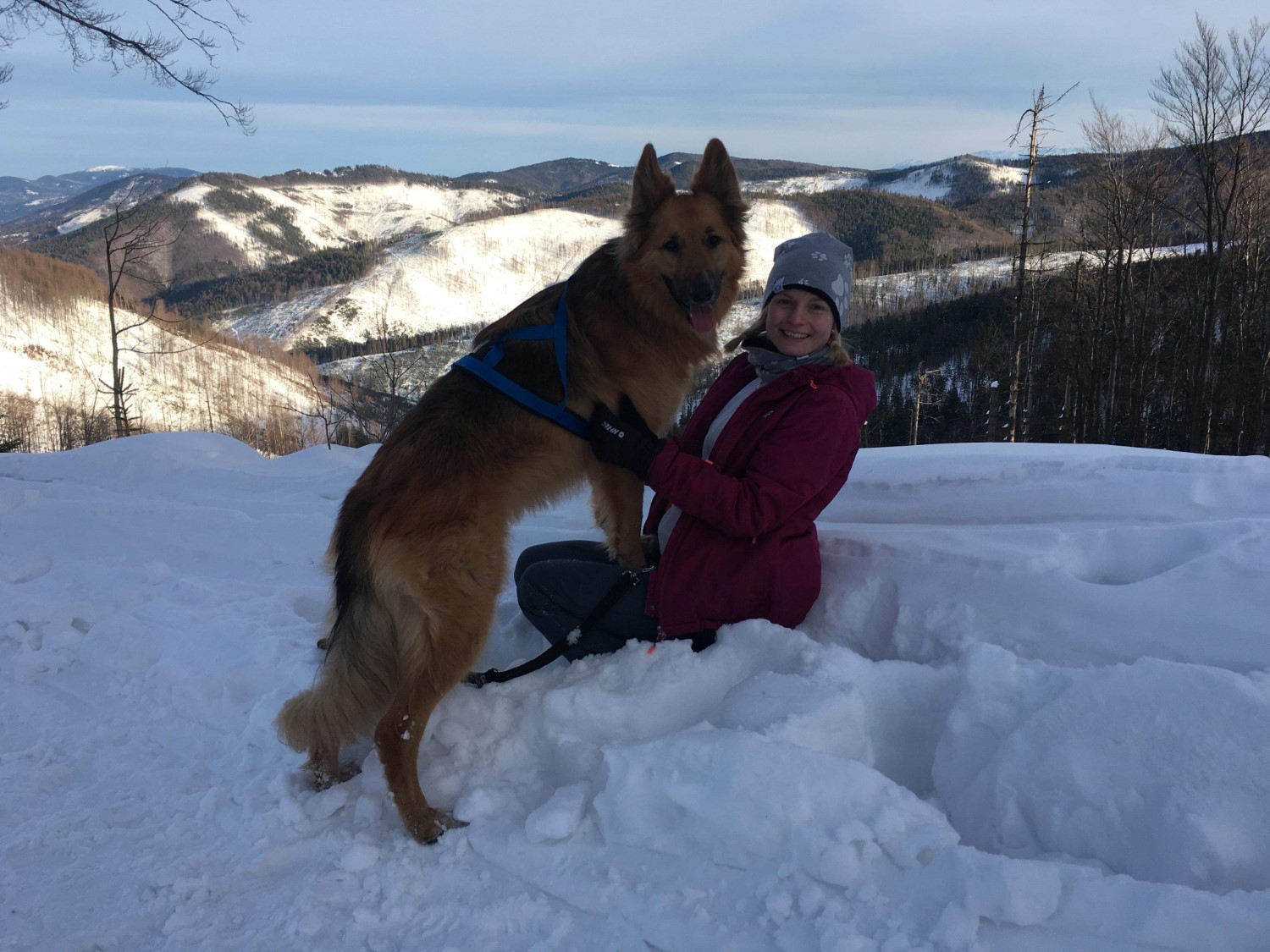 Pies i właścicielka na spacerze zimą